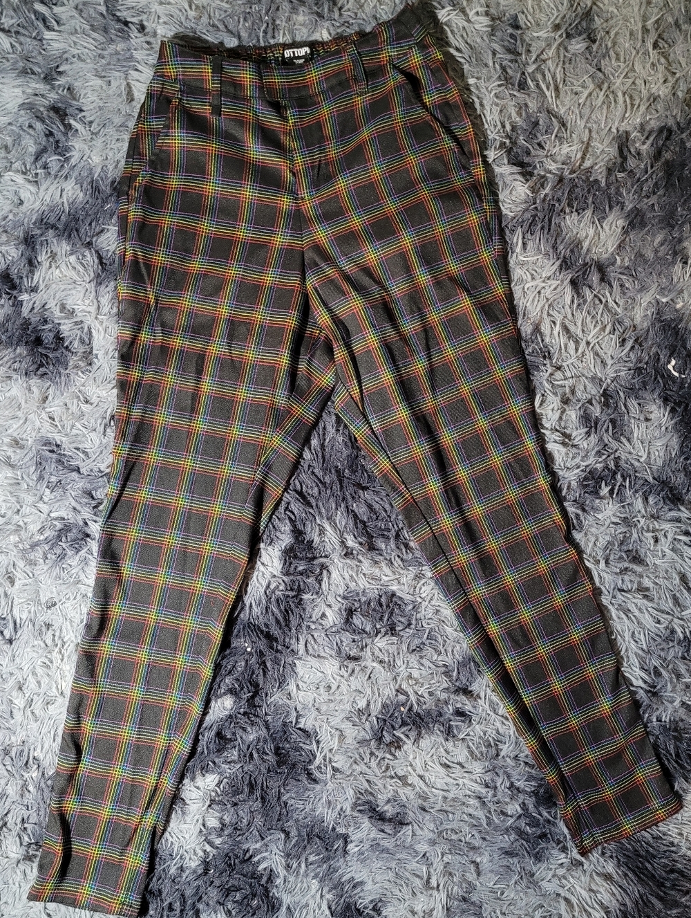 Rainbow Grid-Plaid High-Waisted Slacks